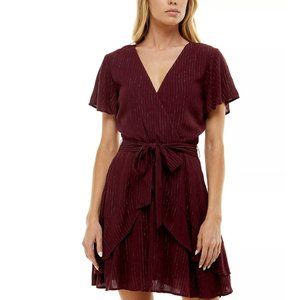 Juniors' Flutter-Sleeve Lurex Stripe Surplice Dress Size 3 Juniors